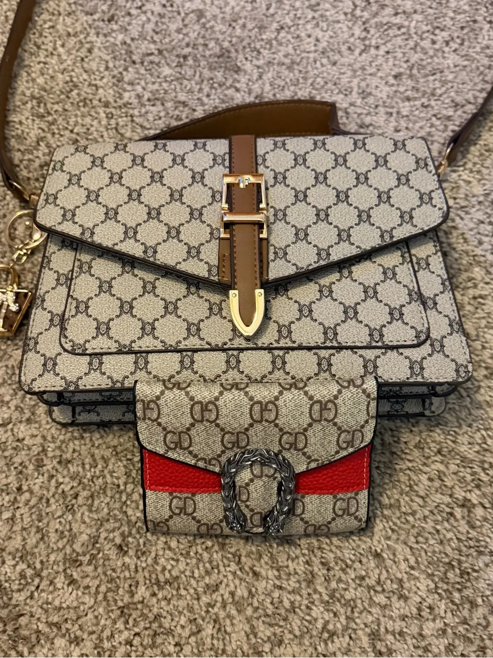 Beige Brown Monogram Shoulder Bag with Gold Buckle with a matching wallet.